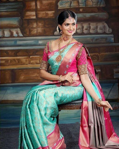 Pretty Sky Blue With Pink Color Soft Lichi Silk Saree