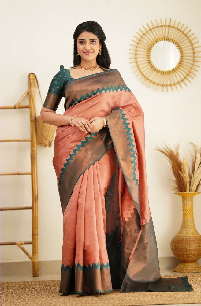 Stunning Peach Color Jacquard Border Silk Saree