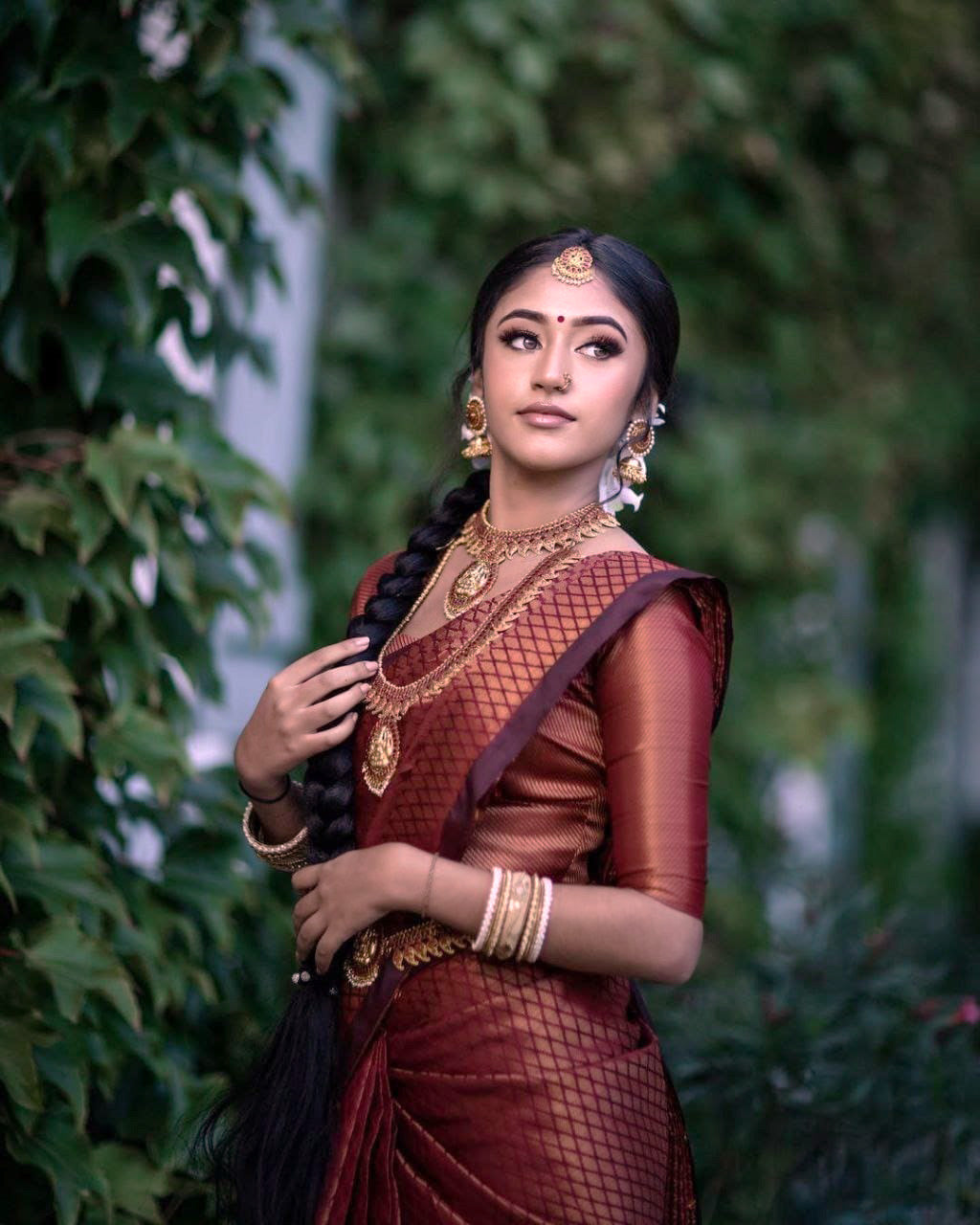 Attractive Coper Design Maroon Color Silk Saree