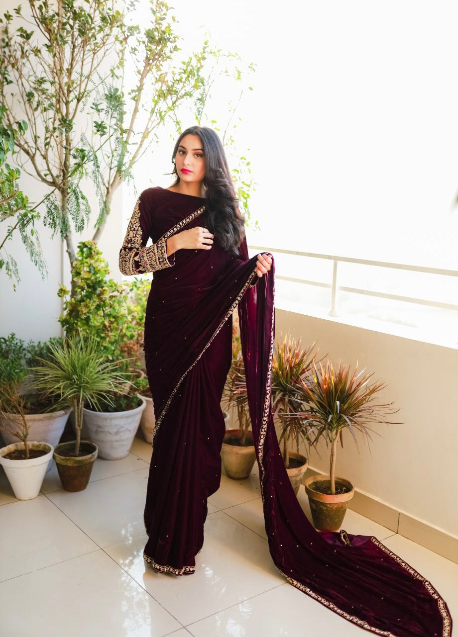 Wedding Style Wine Color Velvet Saree