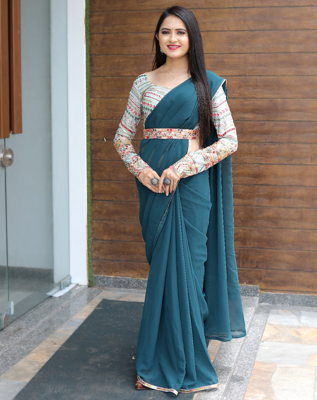 Exclusive Teal Blue Color Plain Saree With Work Blouse