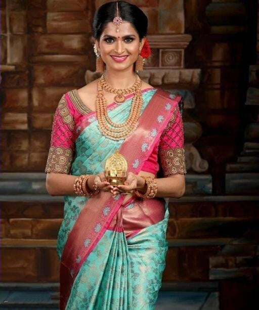 Aqua Green And Pink Color Glimmering Jaquard Saree