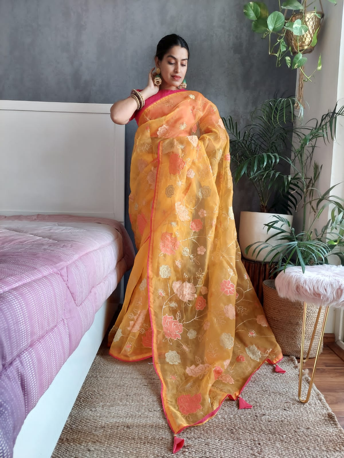 Ravishing Mustard Color All Over Work Organza Silk Saree