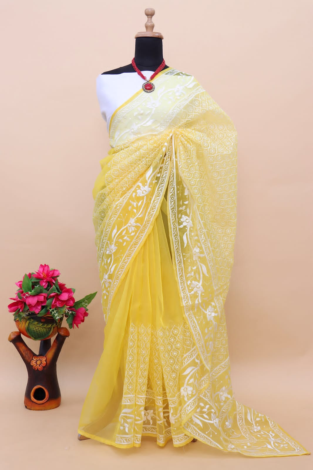 Elegant Yellow Color Embroidered Organza Silk Saree