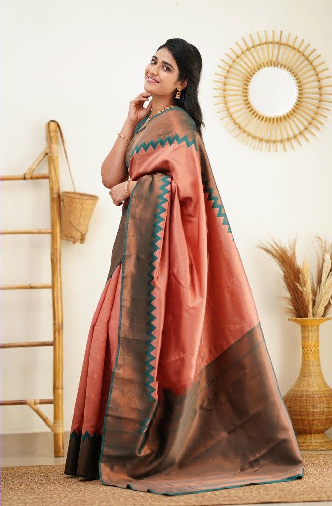 Stunning Peach Color Jacquard Border Silk Saree