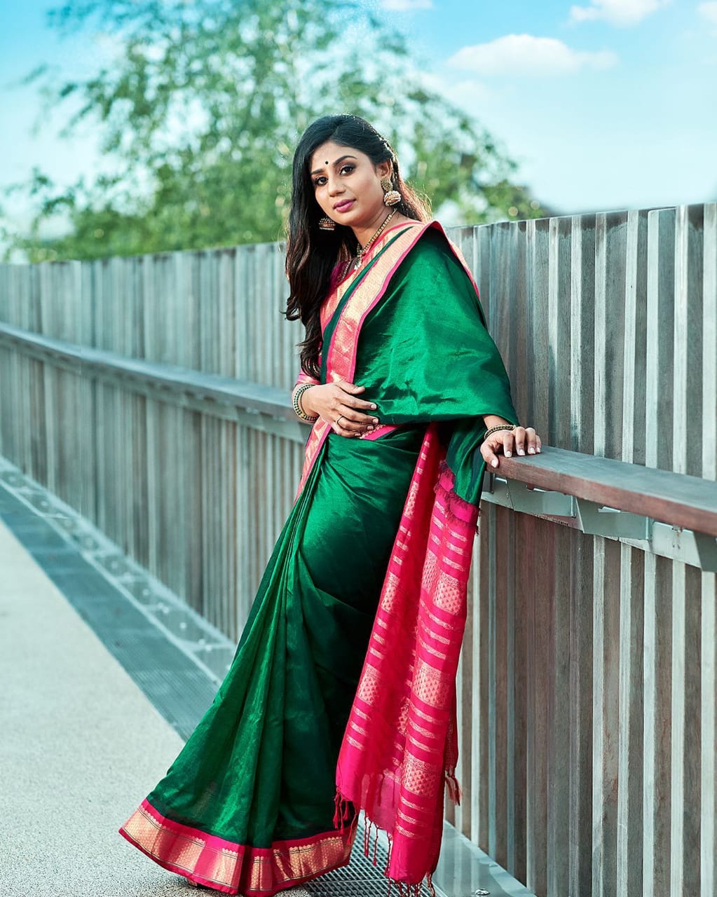 Green and Pink Golden Design Attractive Saree