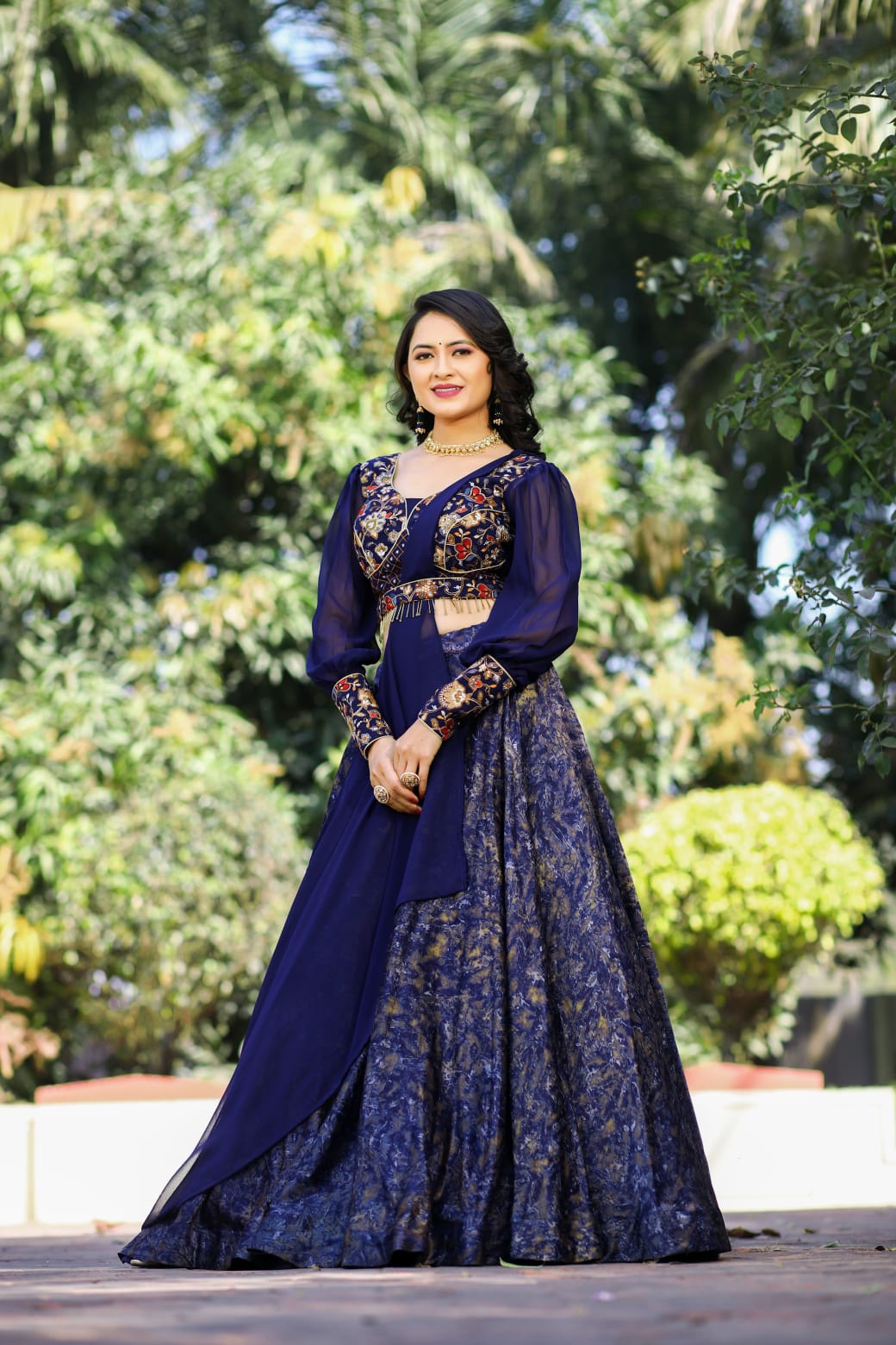 Digital Printed Navy Blue Color Lehenga Choli With Embroidey Work Belt