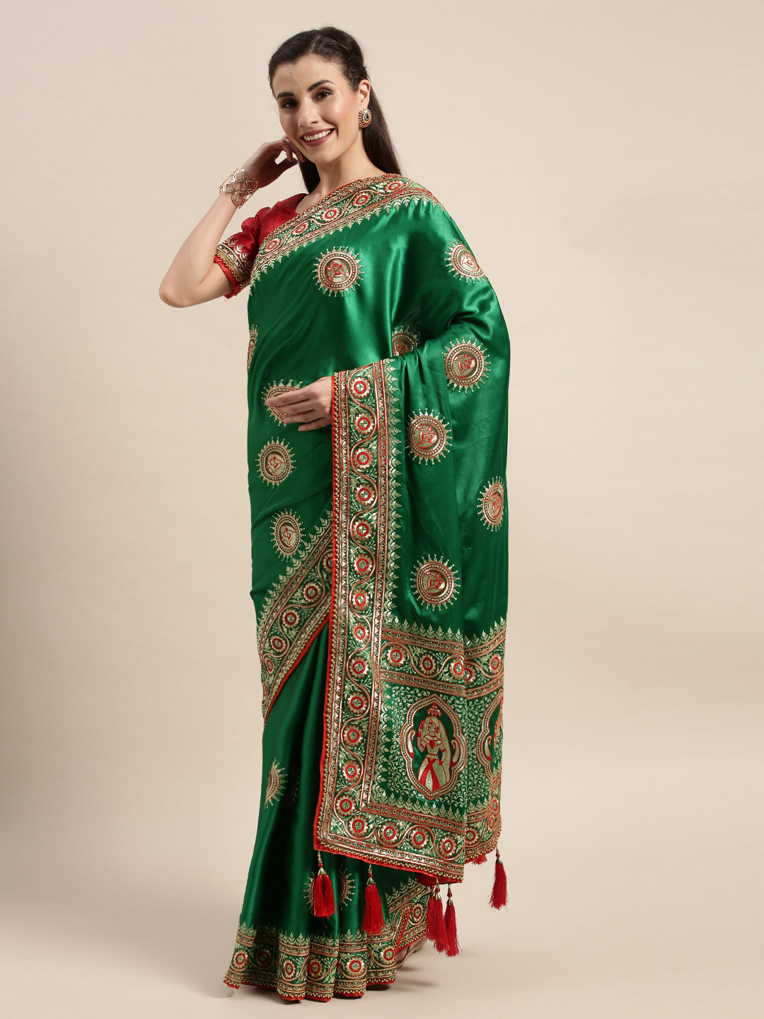 Heavy Dark Green Color Embroidered Saree