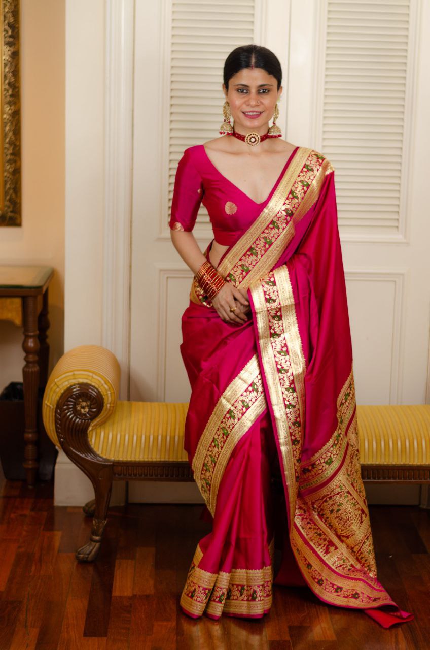 Wedding Wear Dark Pink Jacquard Border Saree