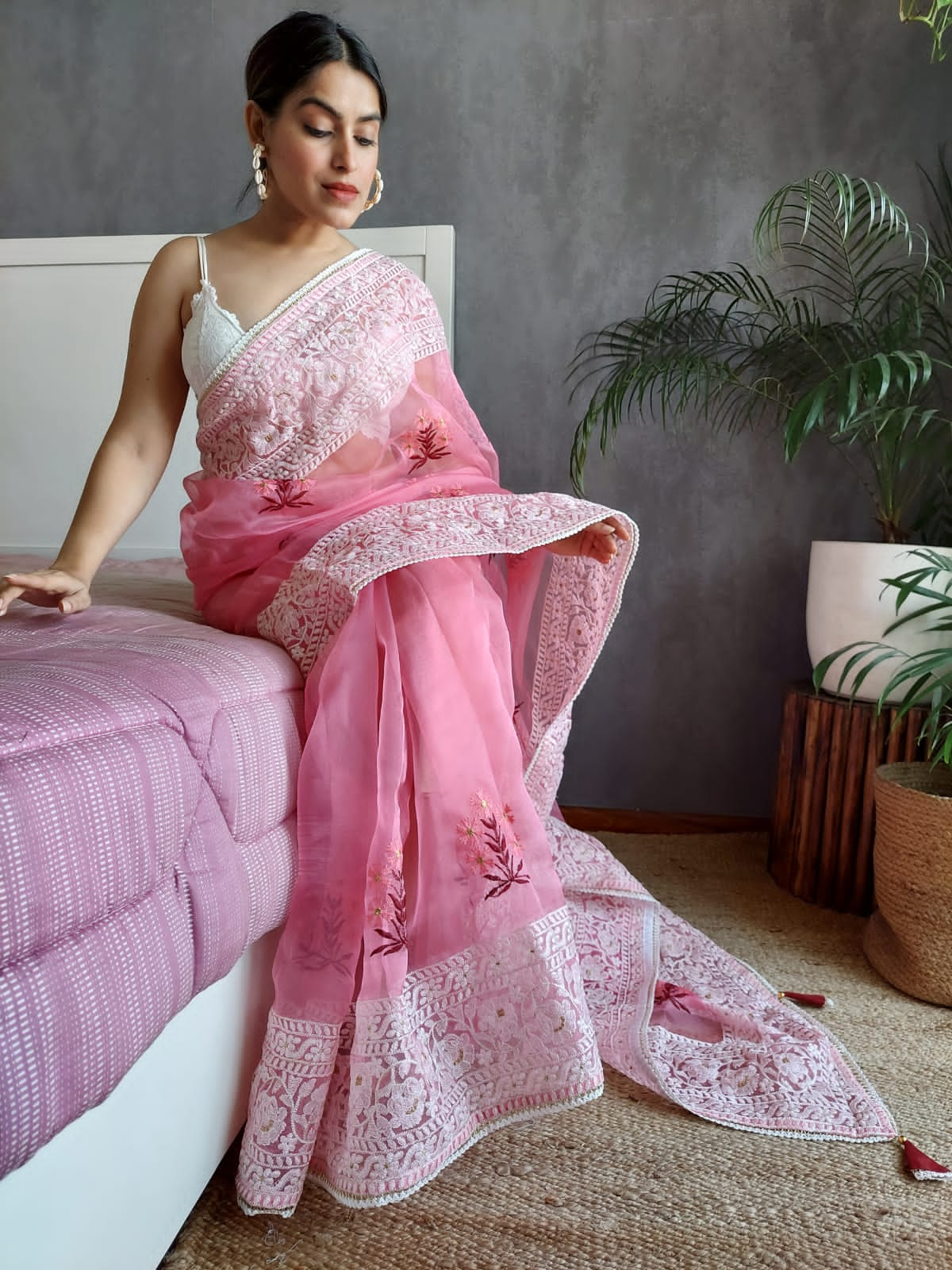 Stylish Sequence Work Pink Color Organza Saree