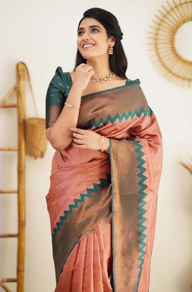 Stunning Peach Color Jacquard Border Silk Saree