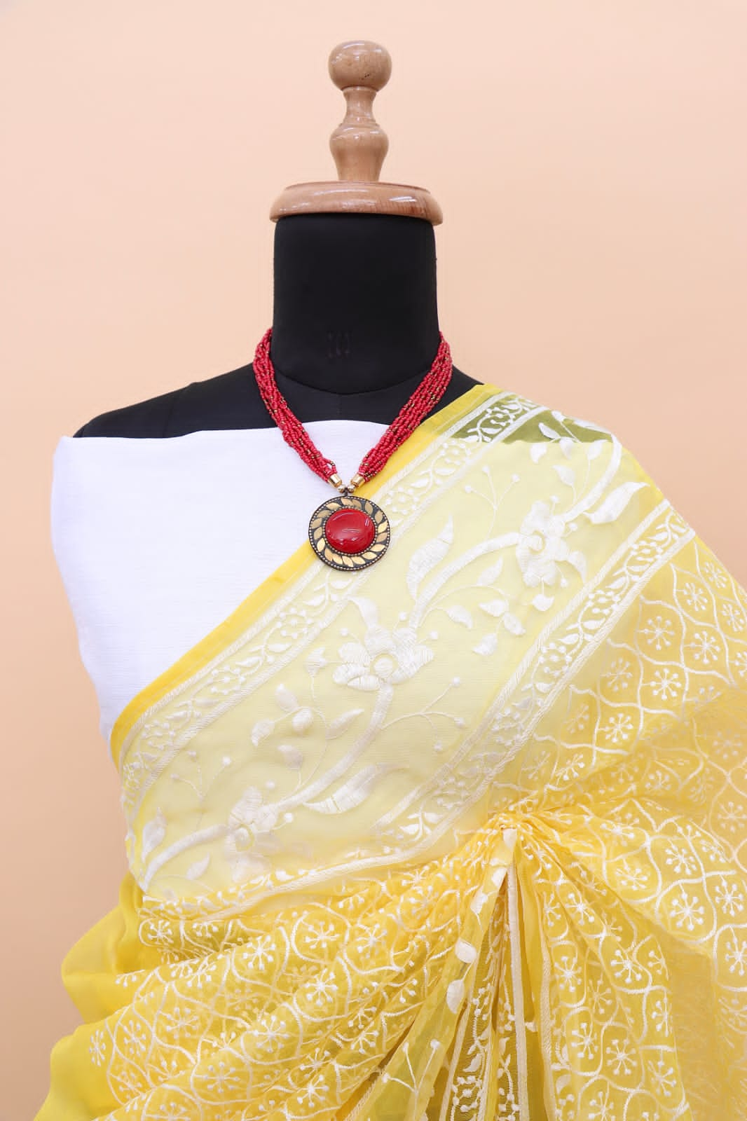 Elegant Yellow Color Embroidered Organza Silk Saree