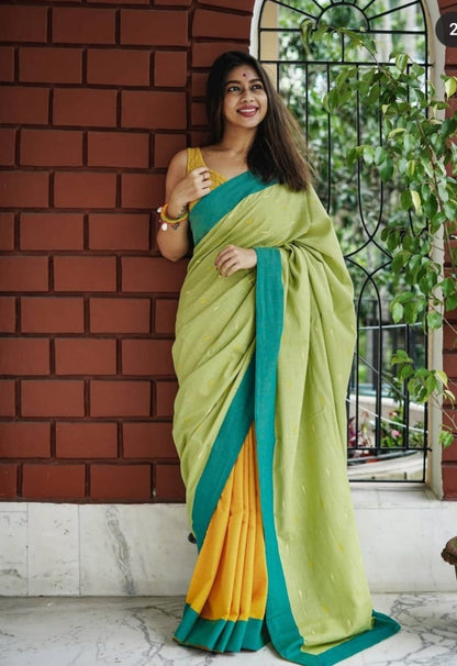 Fashionable Pista And Yellow Color Saree