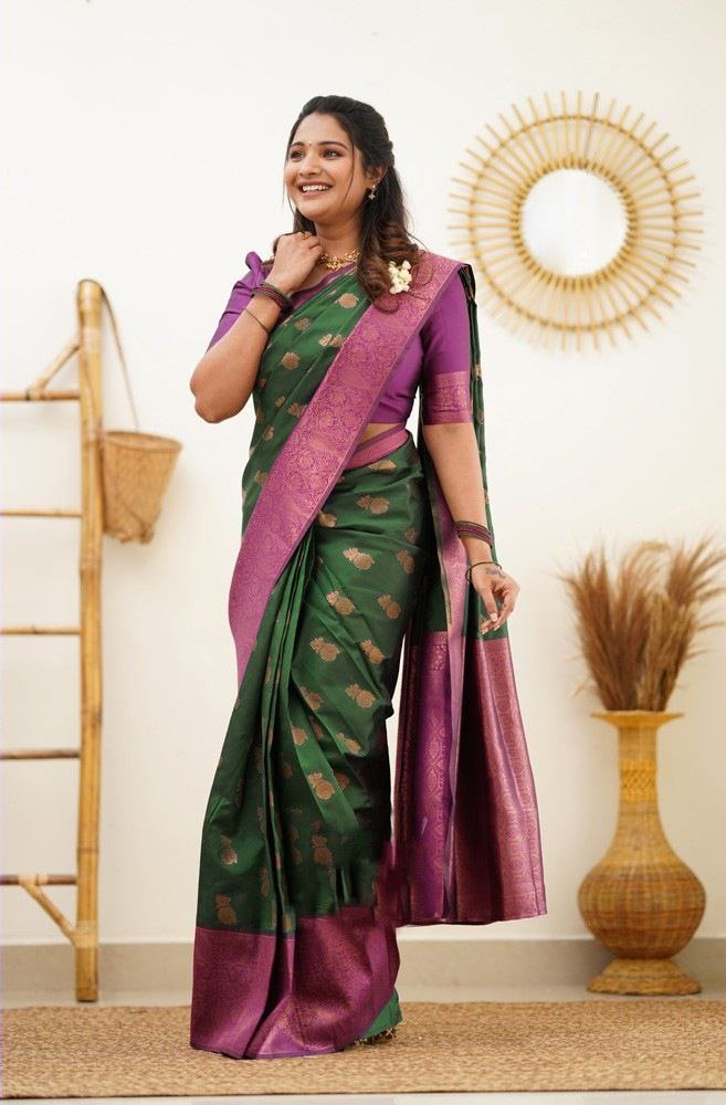 Festive Wear Green Color Lichi Silk Jari Work Saree