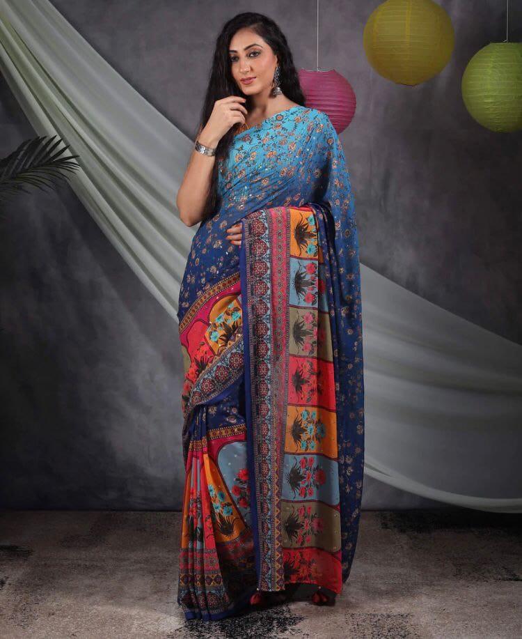 Multi Color Sequence Crochet Work Opulent Saree