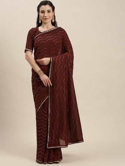 Stunning Maroon Gold Beads and Stones Work Art Silk Saree