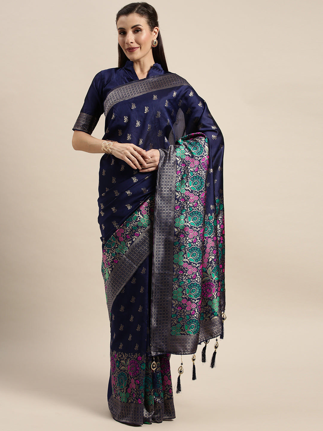 Navy Blue Color Banarasi Silk Attractive Saree