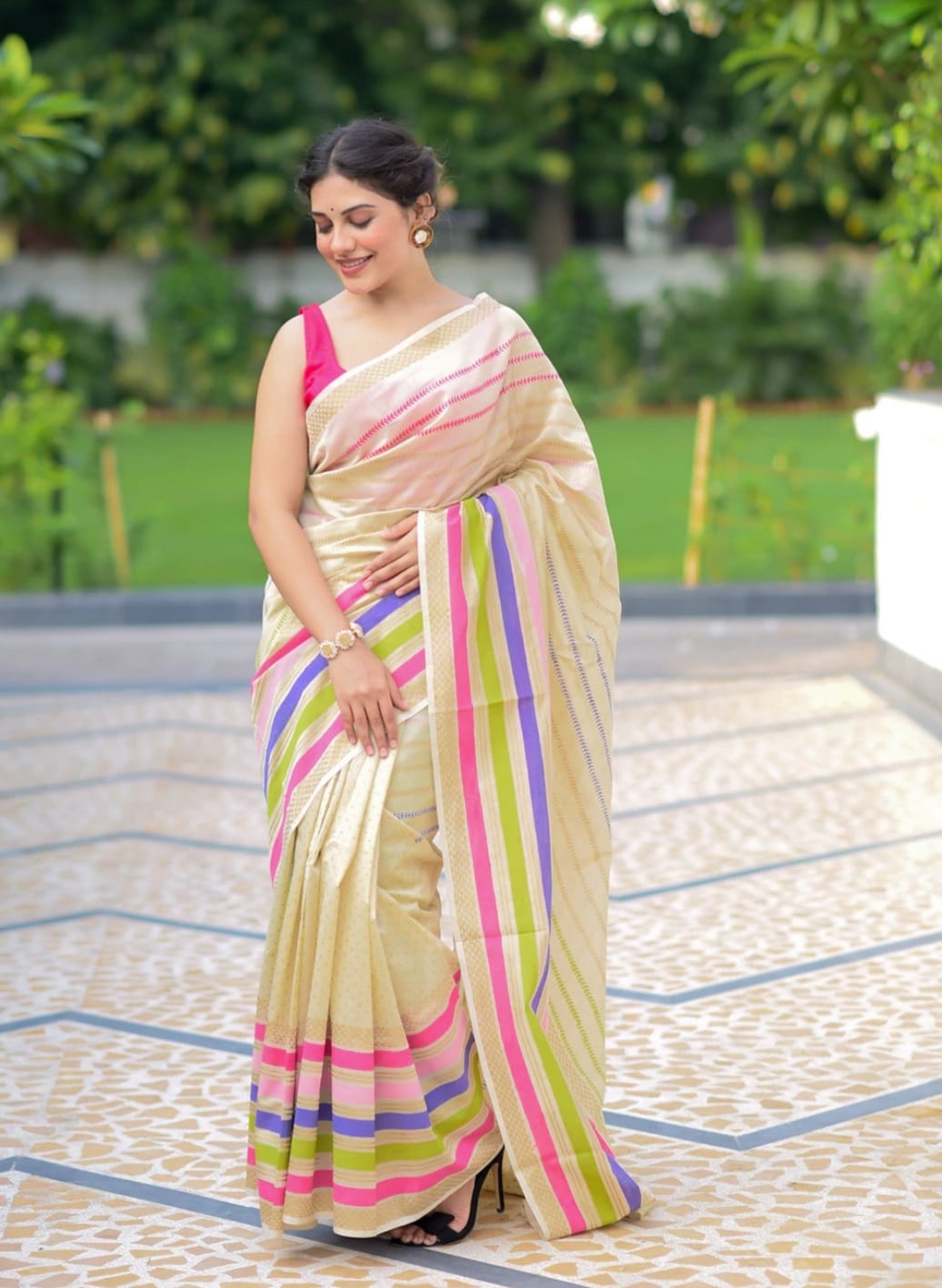 Designer Off White On Multi-color Striped Saree