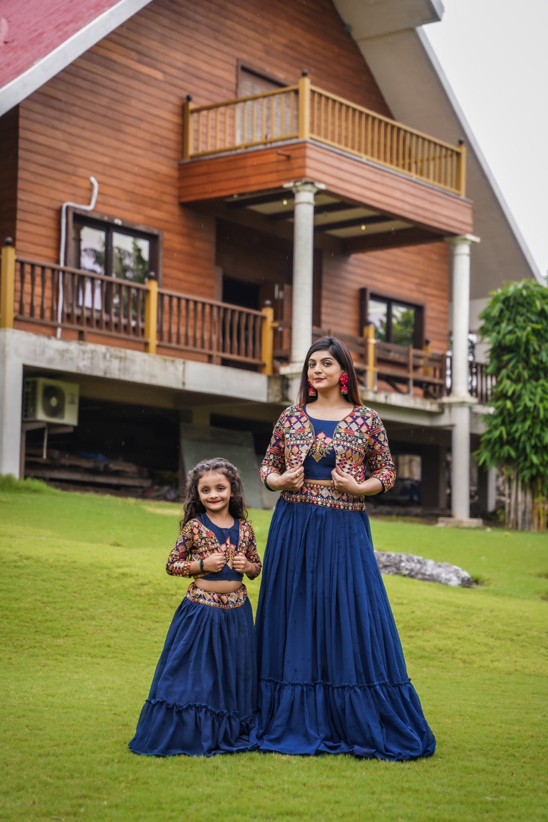 Multi Thread Work Blue Color Mother-daughter Lehenga