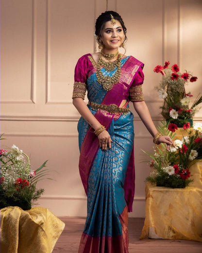 Ceremony Wear Sky Blue And Pink Designer Saree