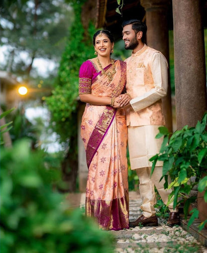 Opulent Peach Color Golden Jari Soft Lichi Silk Saree