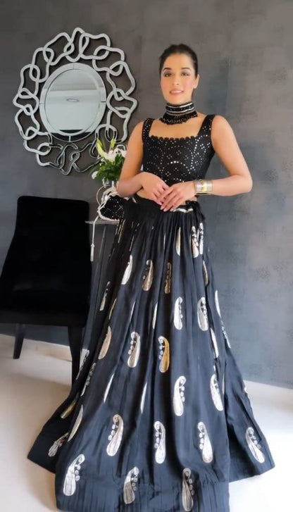 Exclusive Black Color Embroidery Lehenga Choli With Shrug