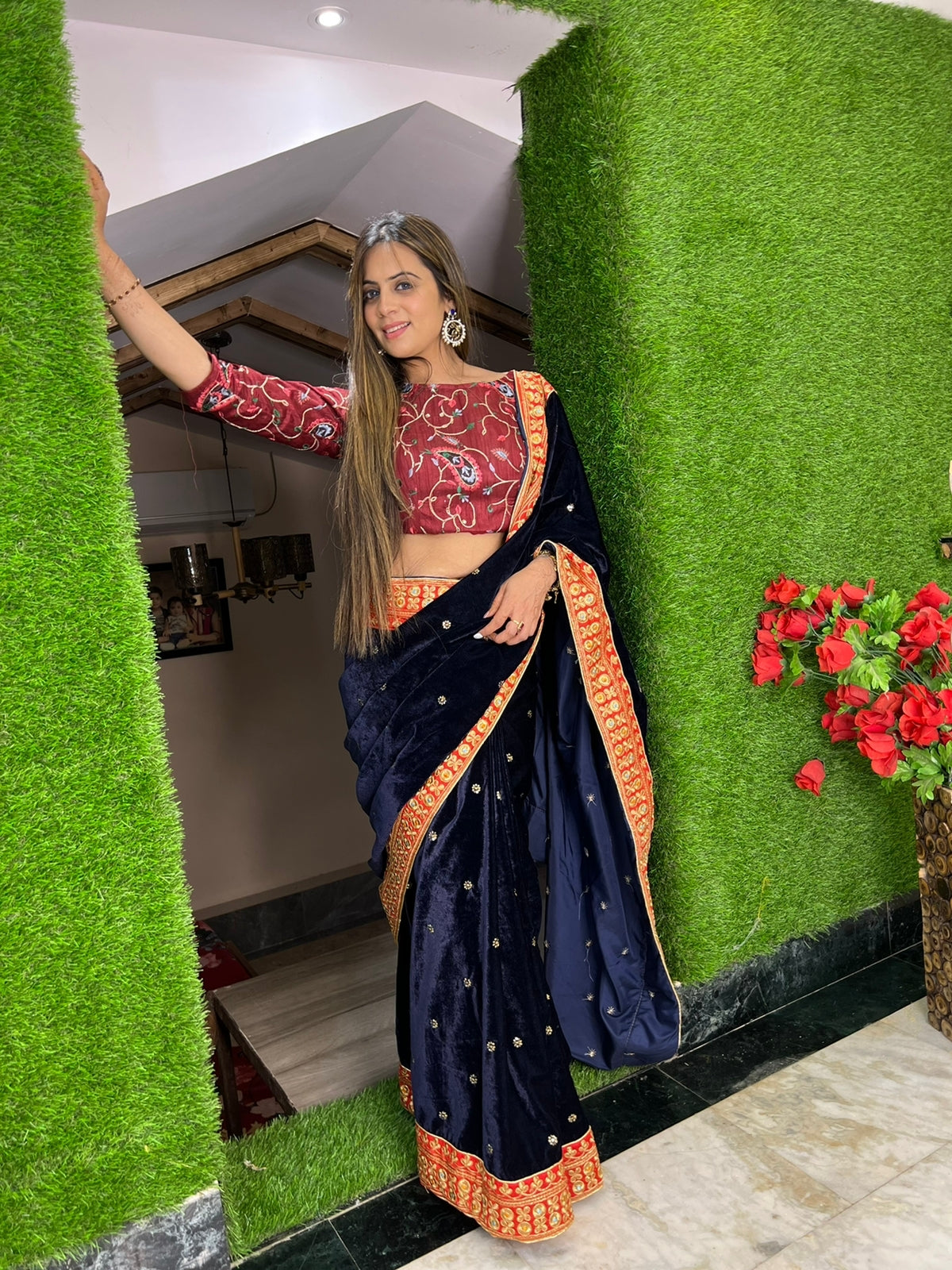 Wedding Style Velvet Embroidery Border Navy Blue Saree