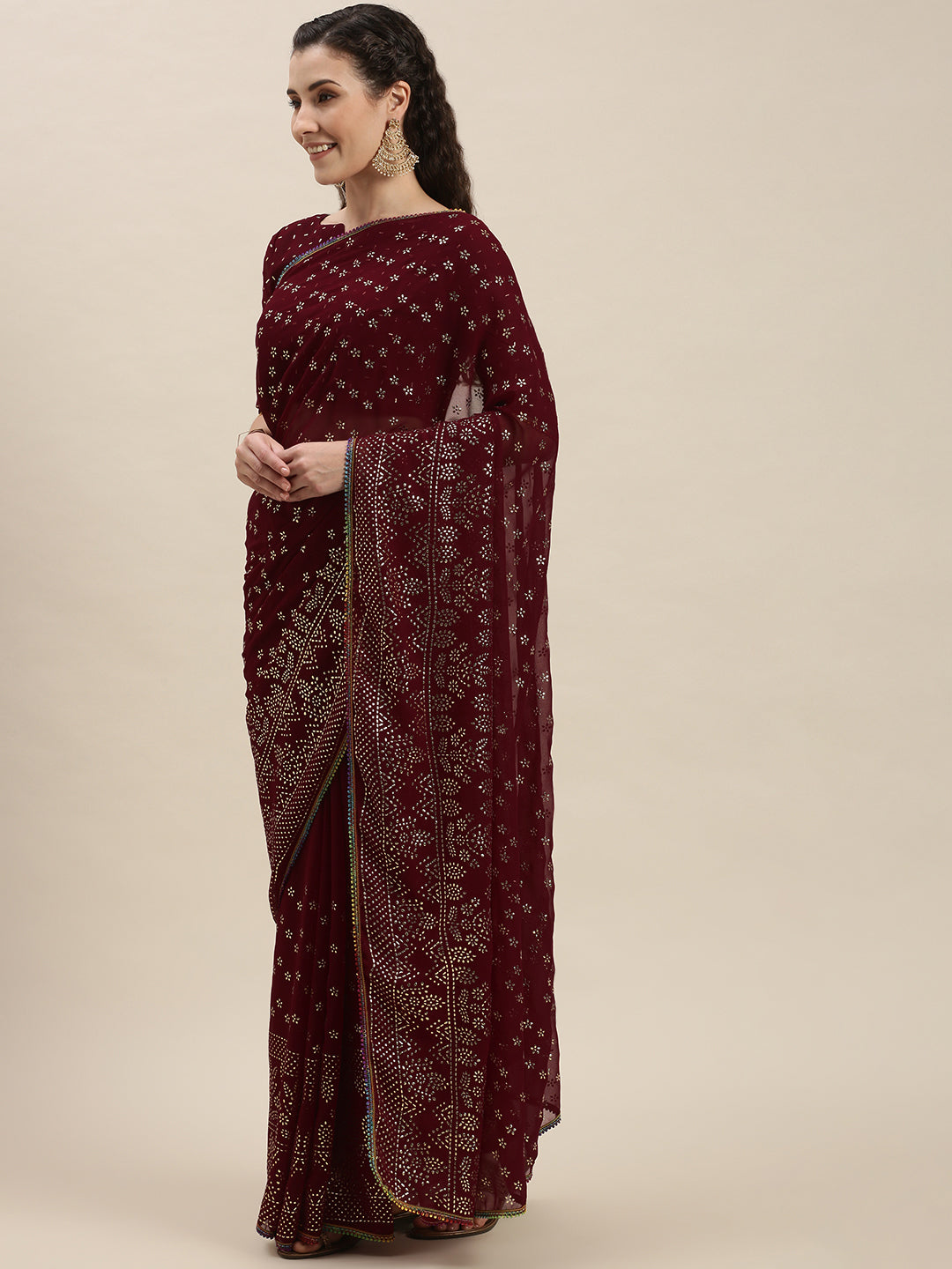 Awesome Maroon Color Silver-Toned Beads Embroidered Saree