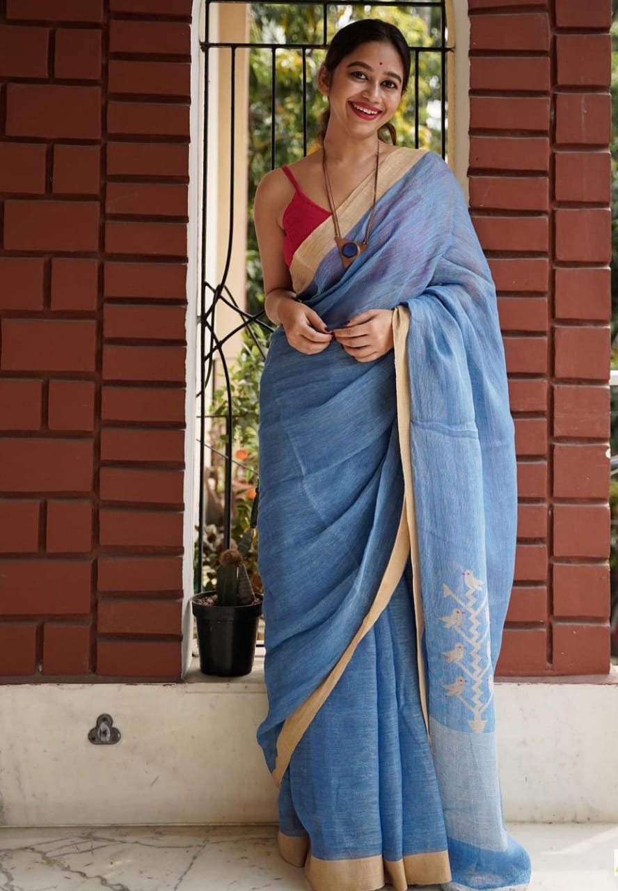 Stunning Sky Blue Color Cotton Silk Saree