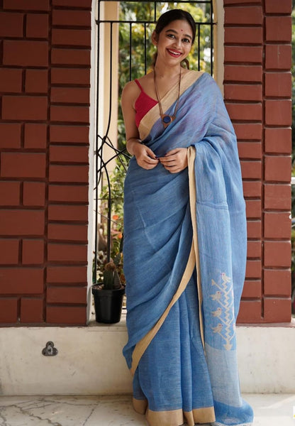 Stunning Sky Blue Color Cotton Silk Saree