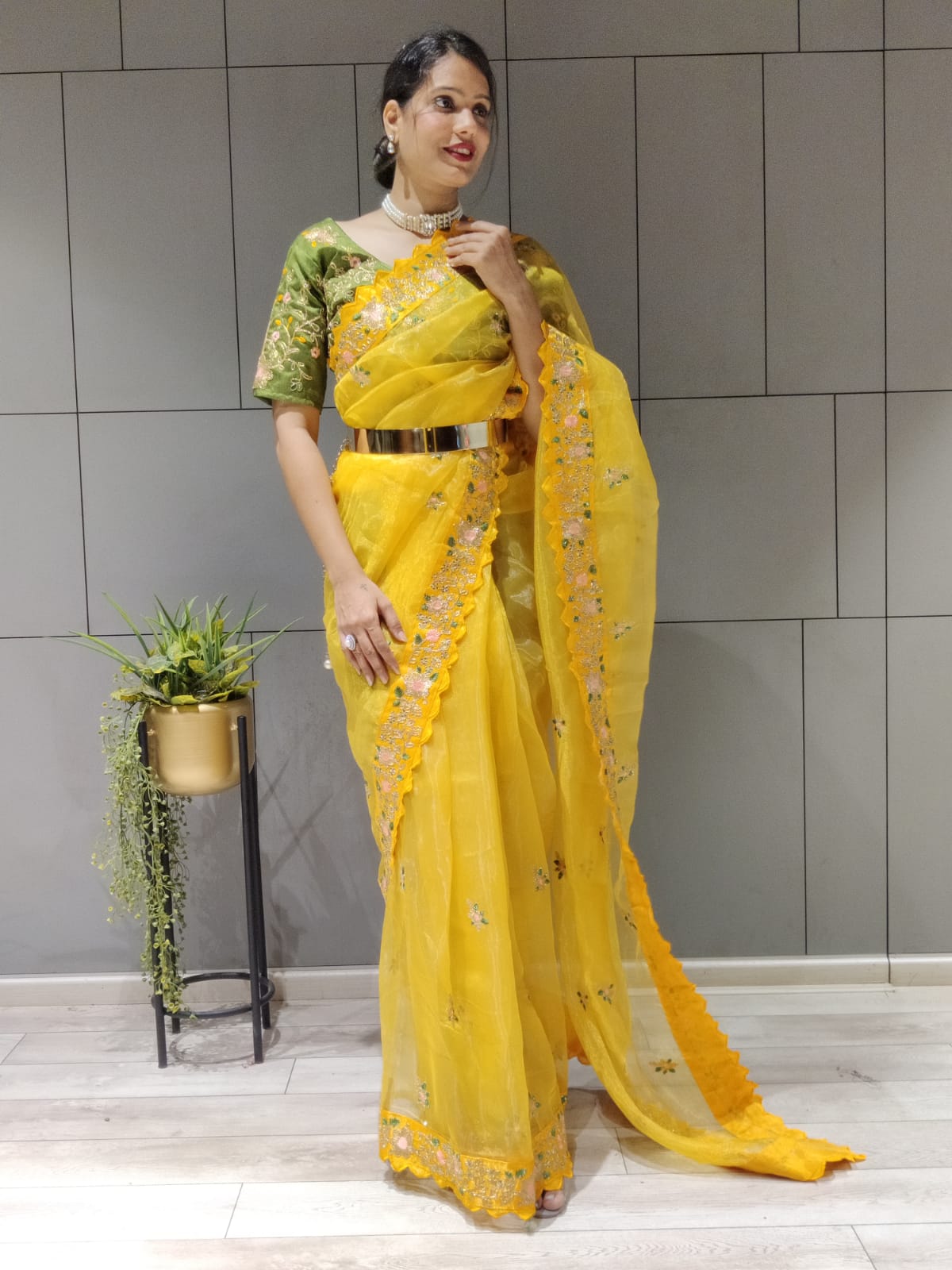 Yellow Color Multi Work Ready To Wear Organza Saree