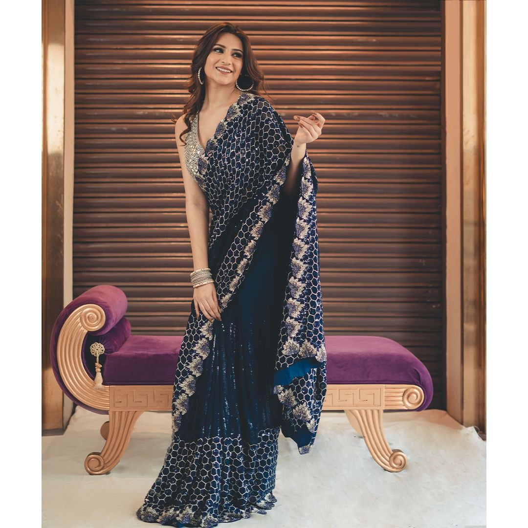 Party Wear Navy Blue Color Sequin Zari Work Saree