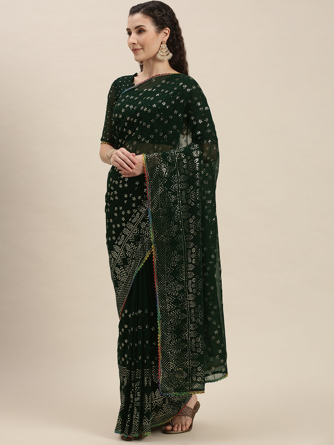 Awesome Green Color Silver-Toned Beads Embroidered Saree