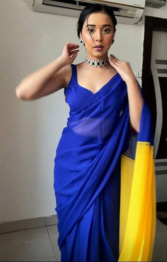 Party Wear Blue With Yellow Double Color Ready To Wear Saree