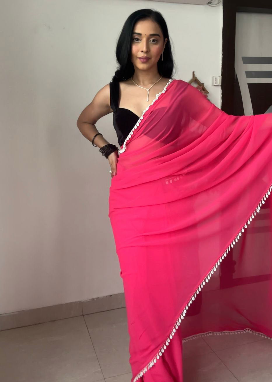 Party Wear Pink Color Ready To Wear Saree