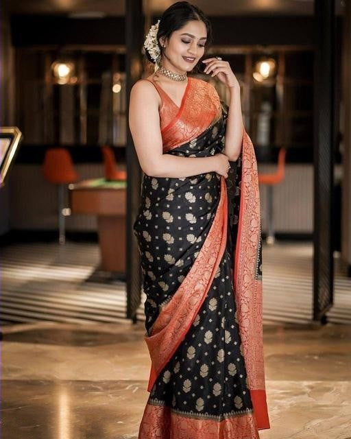 Captivating Golden Jari Black And Red Saree