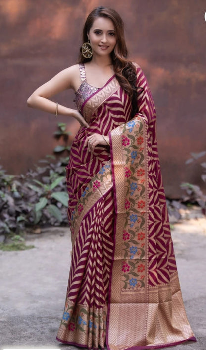 Elegant Wine Color Leheriya Banarasi Silk Saree