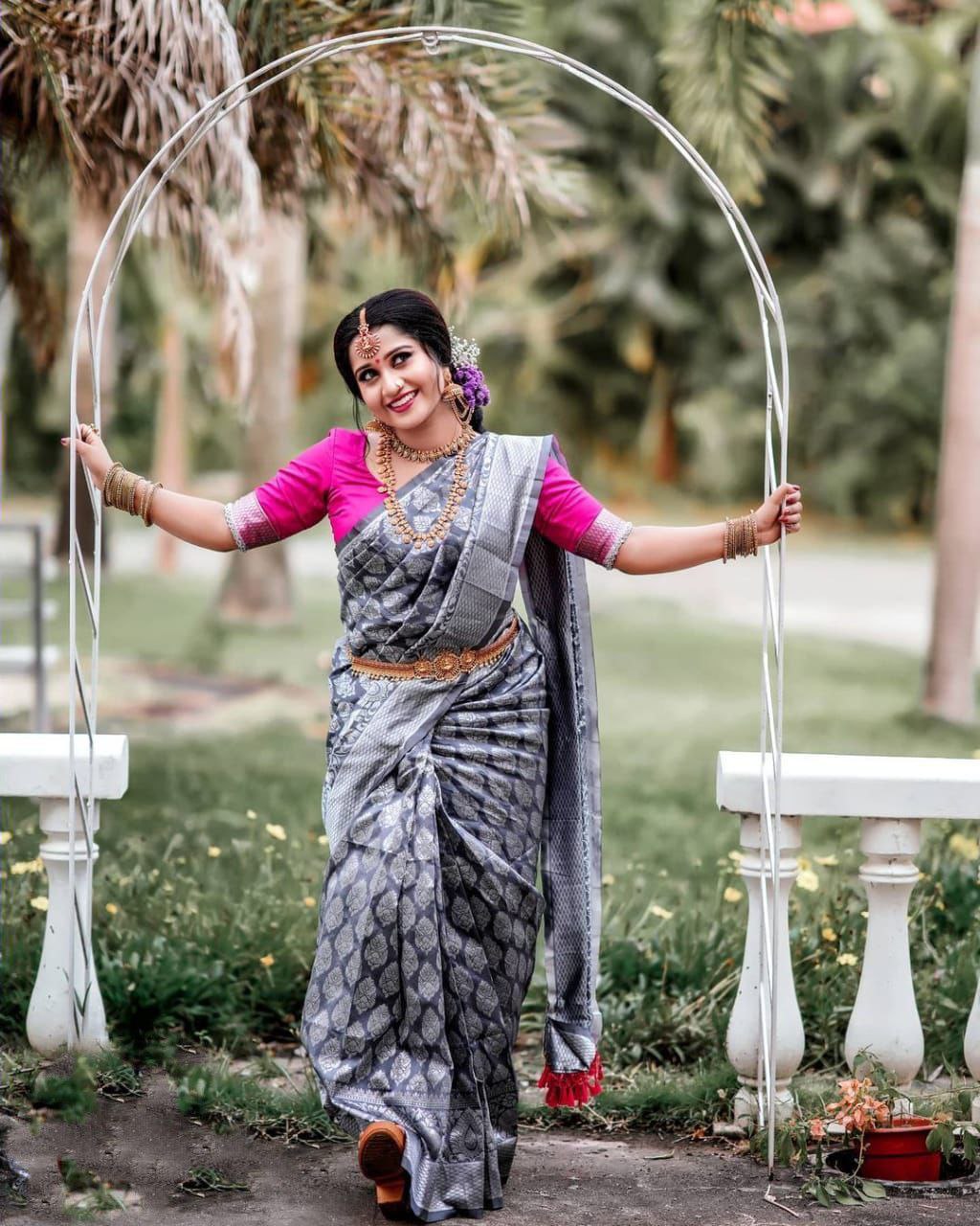 Party Wear Grey Color Silver Work Saree