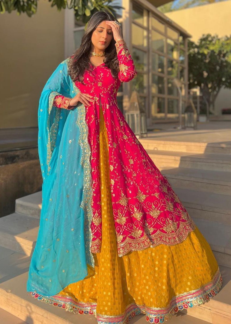 Outstanding Pink And Yellow Lehenga With Suit