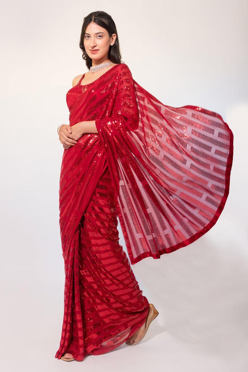 Embellished Red Color Sequin Work Saree