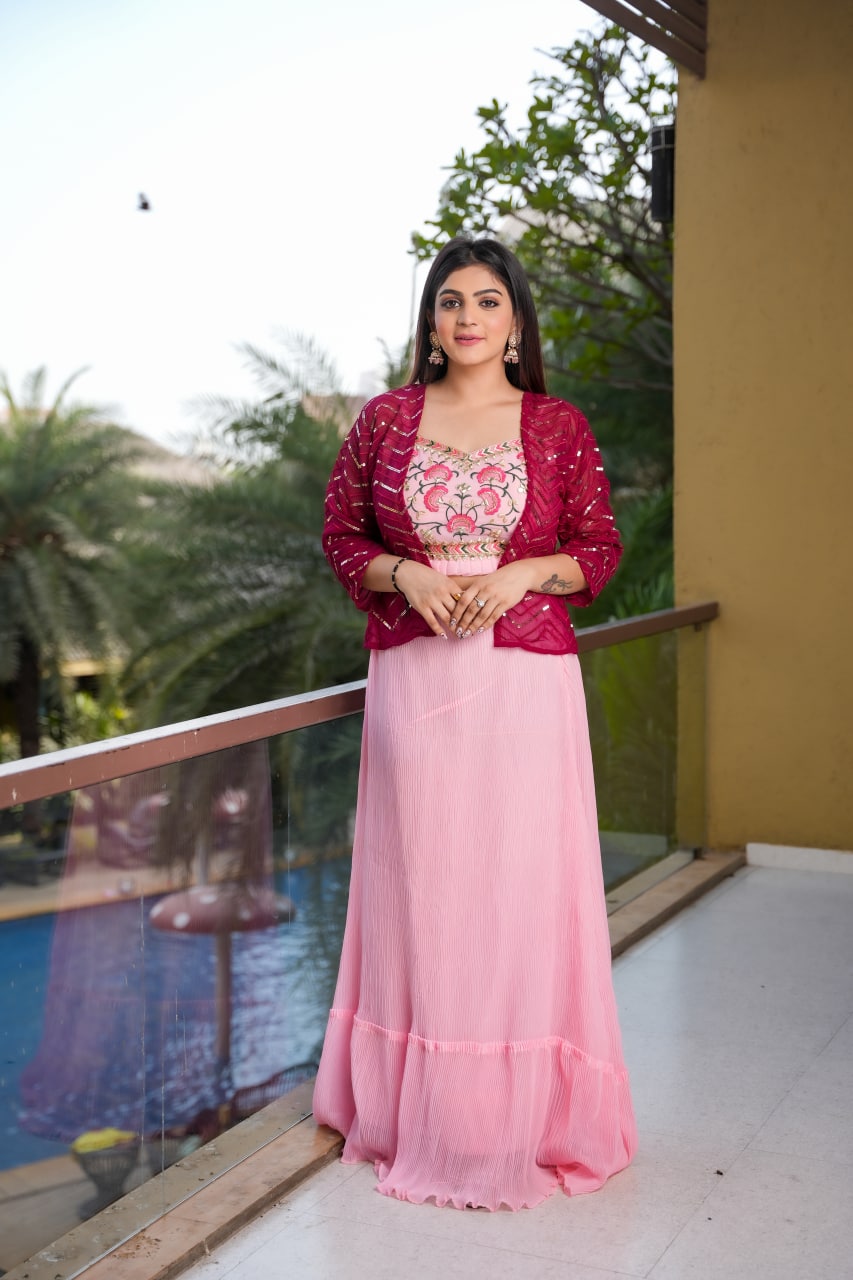 Beautiful Light Pink Crashed Lehenga With Pink Shrug