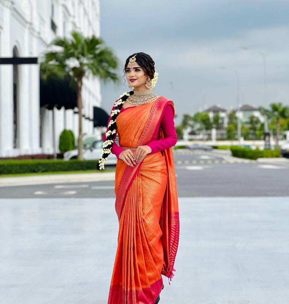 Pink And Orange Color Golden Work Saree