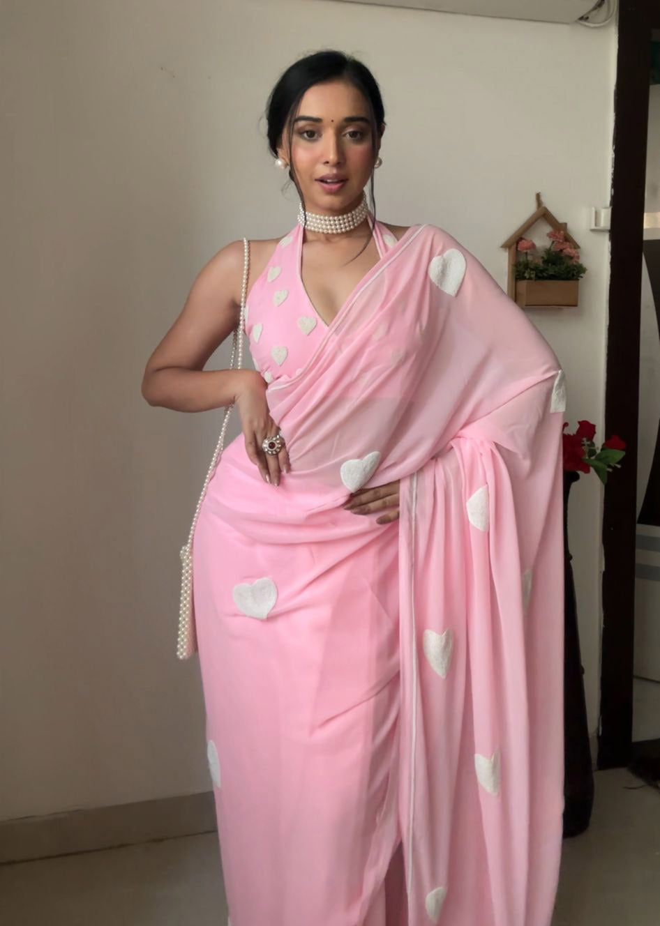 Heart Shape Light Pink Color Ready To Wear Saree