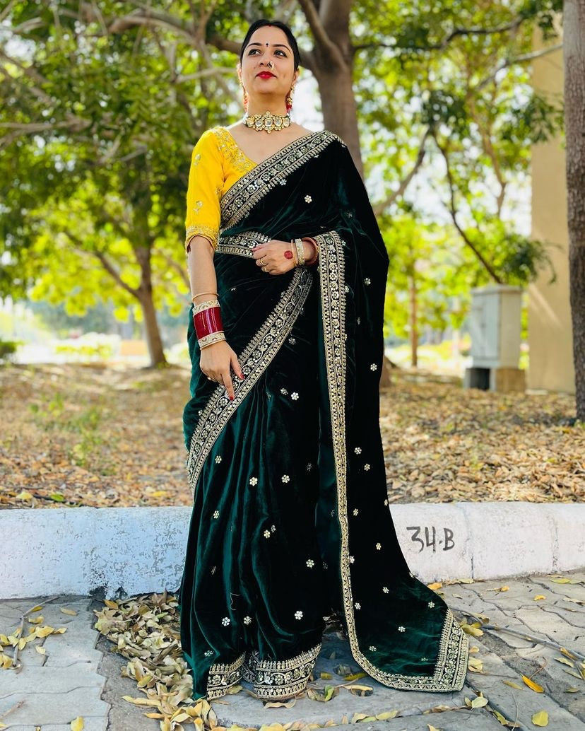 Heavy Dark Green Color Velvet Saree With Amazing Blouse