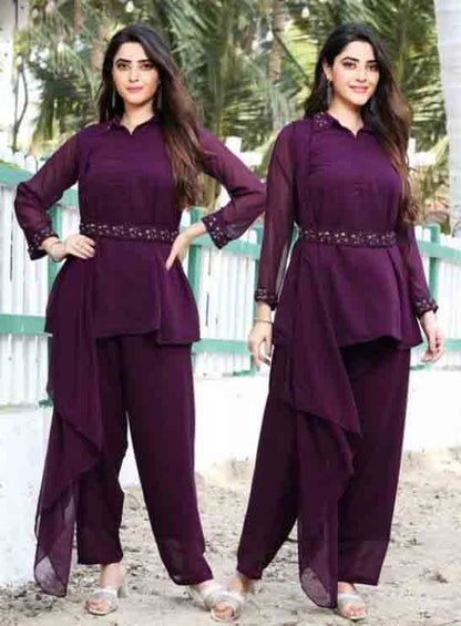 Wine Color Handwork Fancy Top With Pant