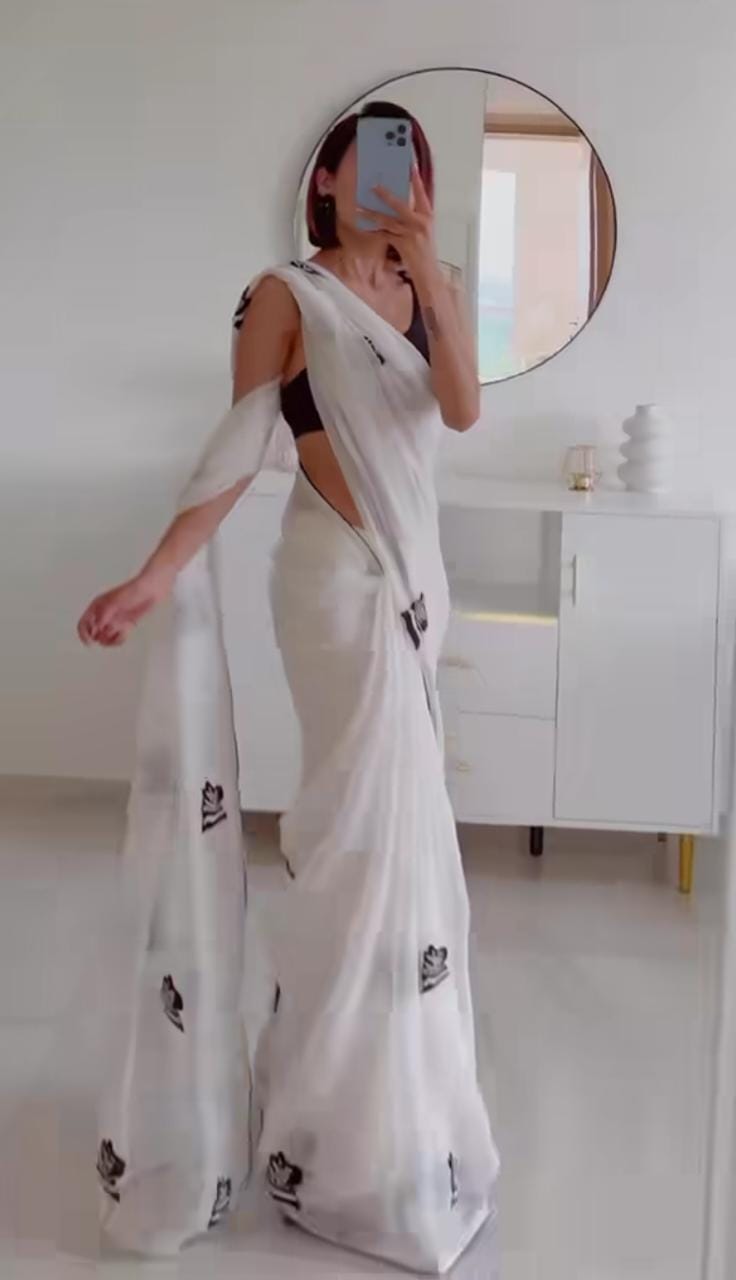 Handwork Khatli Work Zebra Pattern White Color Saree