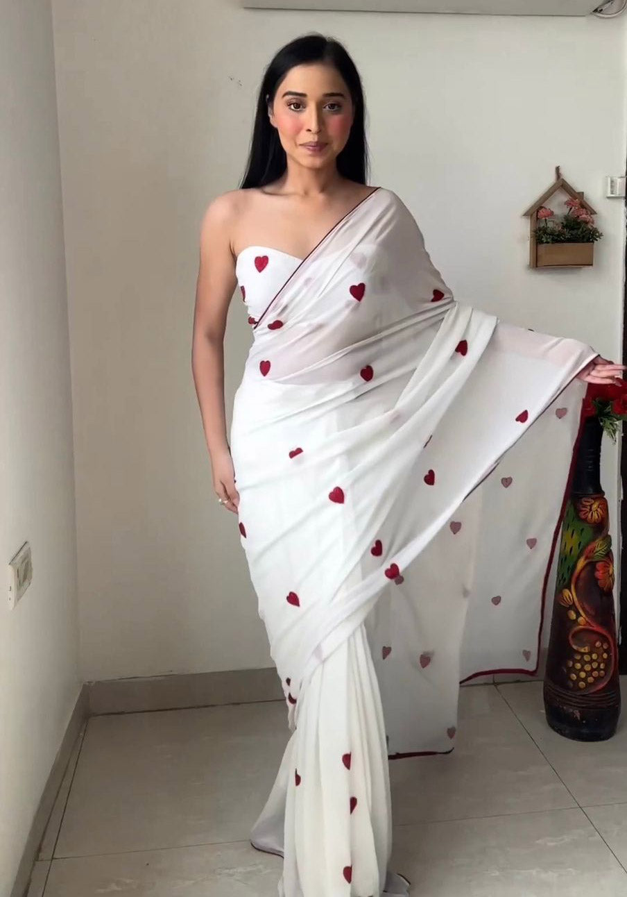 White Color Heart Shape Design Ready To Wear Saree