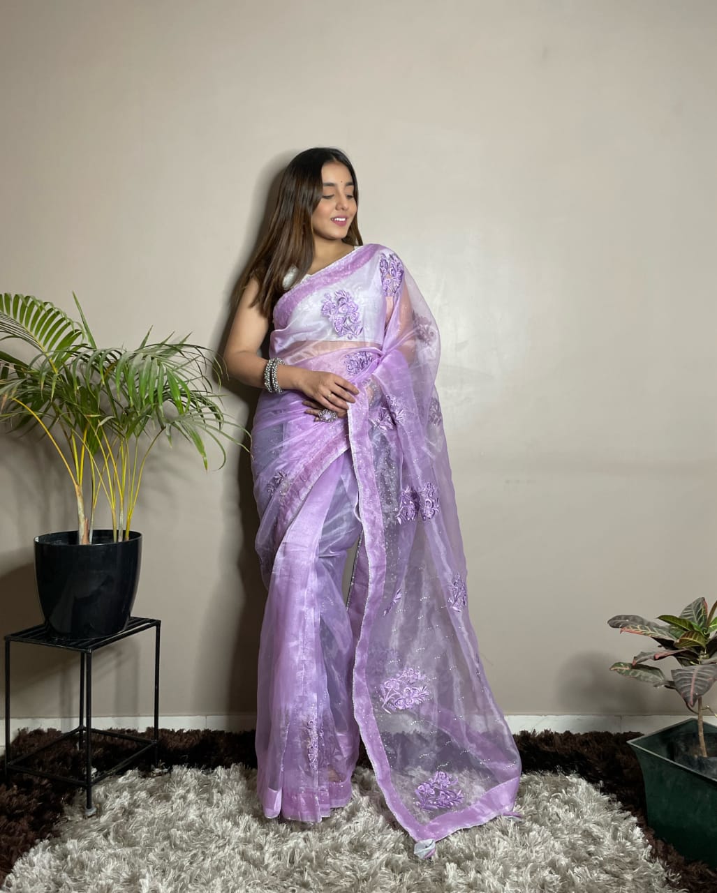 Pale Lilac Sequins Embroidered Organza Saree-HC1202 - Samyakk A - Medium