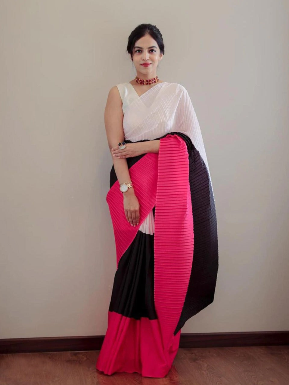 Black-white With Red Pleated Party Wear Saree