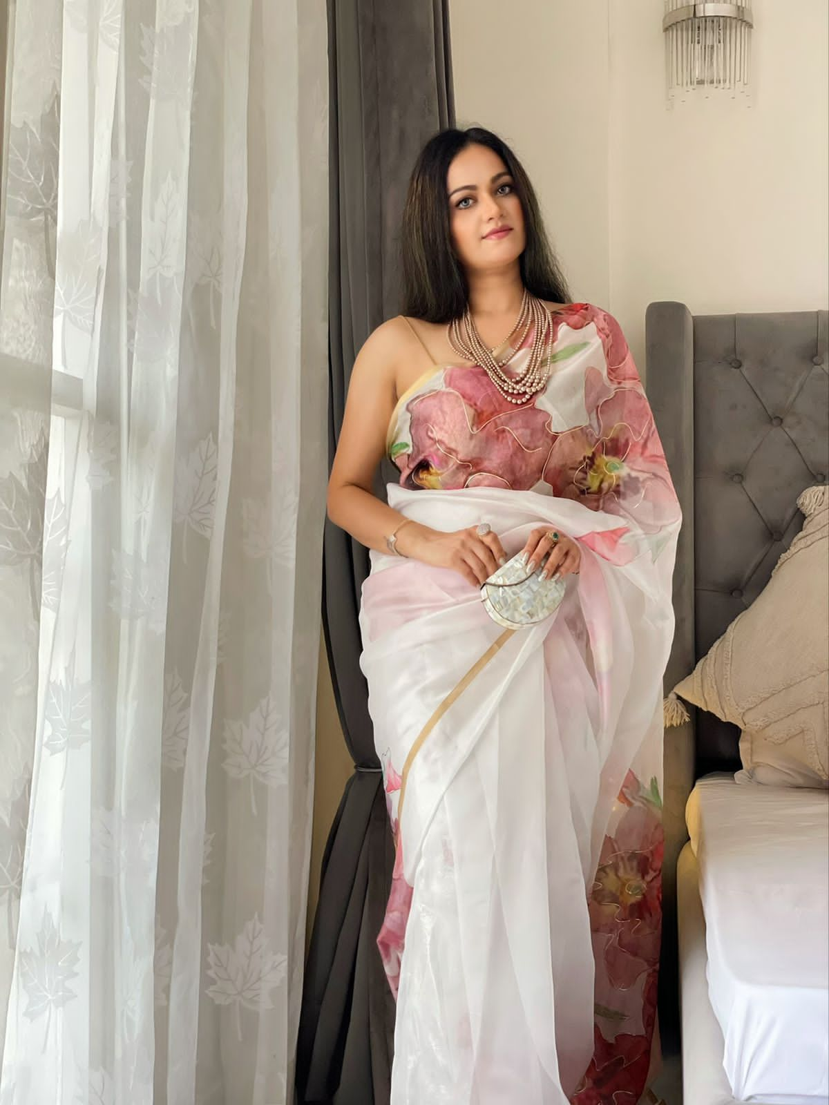 Fashionable Organza Silk White Color Printed Saree